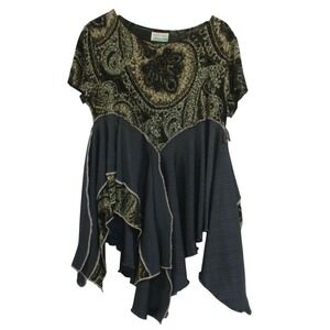 Saffir Ynys Handmade Womens Paisley Metallic Asymmetrical Hem Tunic Top size L